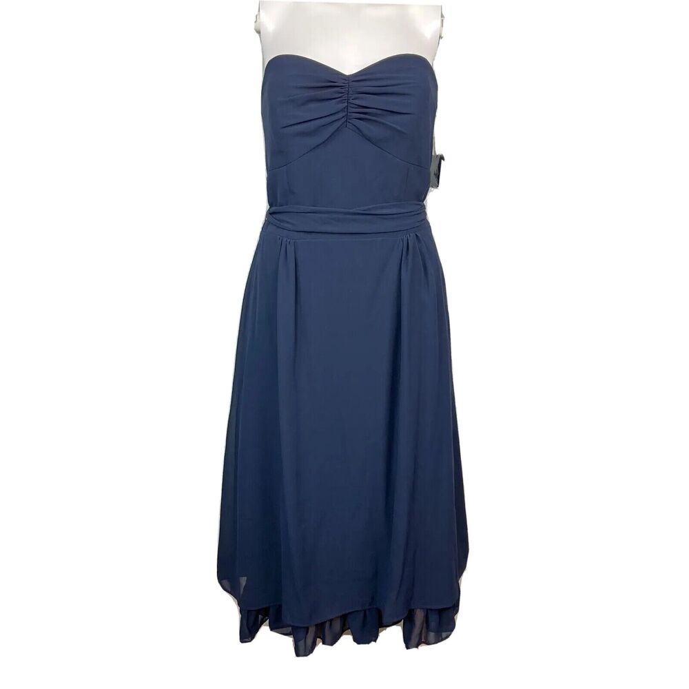 NWT After Six Dress Womens Sz 12 Navy Blue Belted A-line Party Strapless Chiffon
